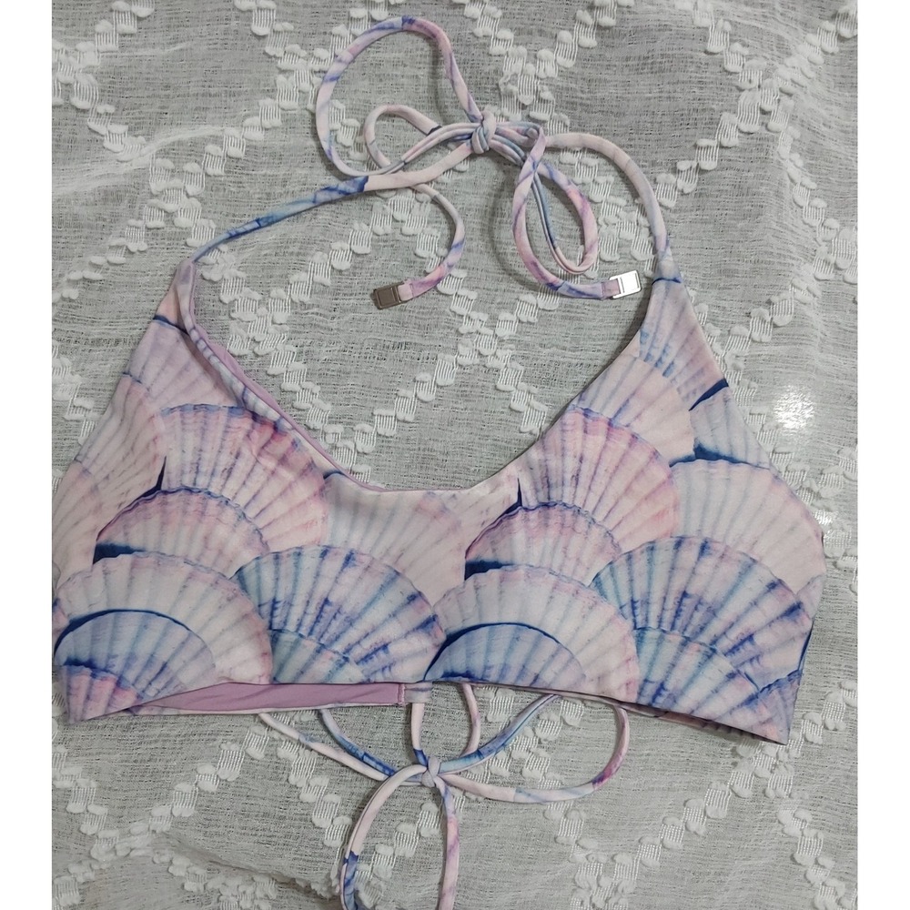 Dolce Vita Seashell Print Halter Bikini Top Purple Pink Blue Lace Up Back Large